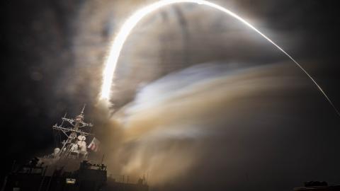 The guided-missile destroyer USS Carney launches land attack missiles on February 3, 2024. (US Navy)