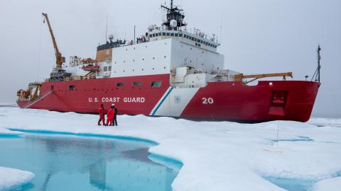 USCGC Healy and crew keep station alongside a multi-year ice floe for a science evolution in the Beaufort Sea on August 9, 2023. (US Coast Guard)