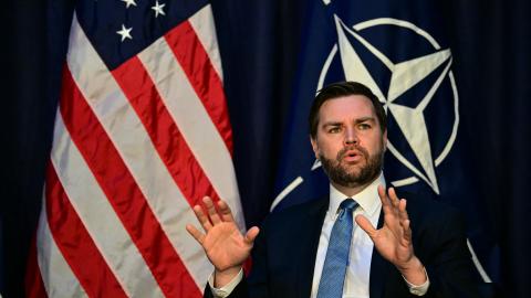 US Vice President JD Vance speaks with NATO Secretary General during a meeting in Munich, southern Germany, on February 14, 2025. (Tobias Schwarz via Getty Images)