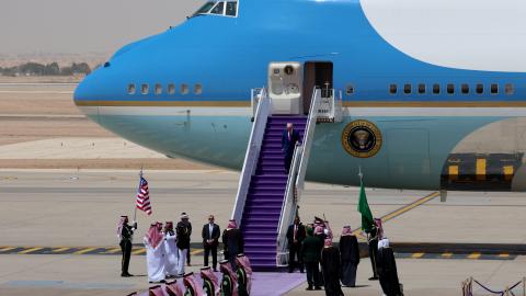 President Donald Trump disembarks from Air Force One as he arrives at King Khalid International Airport on May 13, 2025, in Riyadh, Saudi Arabia. (Win McNamee via Getty Images)