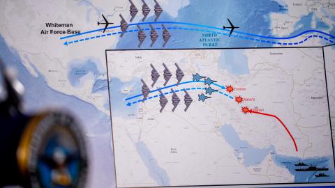 An operational timeline of a strike on Iran is displayed during a news conference with Chairman of the Joint Chiefs of Staff Air Force Gen Dan Caine. (Andrew Harnik via Getty Images)