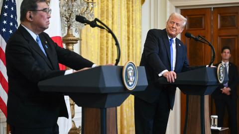 US President Donald Trump looks on as Japanese Prime Minister Shigeru Ishiba speaks during a joint press conference in the East Room of the White House in Washington, DC, on February 7, 2025. (Jim Watson via Getty Images)