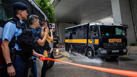A prison van carrying Jimmy Lai arrives at the West Kowloon Magistrates’ Courts for the closing arguments in his national security trial in Hong Kong on August 18, 2025. (Man Hei Leung via Getty Images)