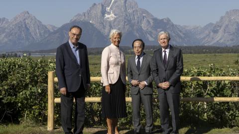 Federal Reserve Chairman Jerome Powell is seen with Bank of Japan Governor Kazuo Ueda, European Central Bank Governor Christine Lagarde, and Governor of the Bank of England Andrew Bailey on August 22, 2025, near Jackson Hole, Wyoming. (Natalie Behring via Getty Images)