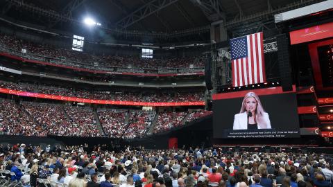 Erika Kirk speaks during the memorial service for her husband Charlie Kirk at State Farm Stadium on September 21, 2025, in Glendale, Arizona. (Getty Images)