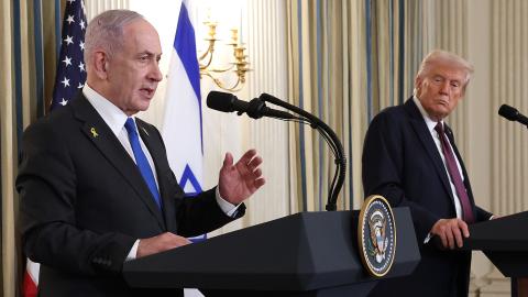 President Donald Trump looks on as Israeli Prime Minister Benjamin Netanyahu delivers remarks during a joint news conference at the White House on September 29, 2025. (Getty Images)