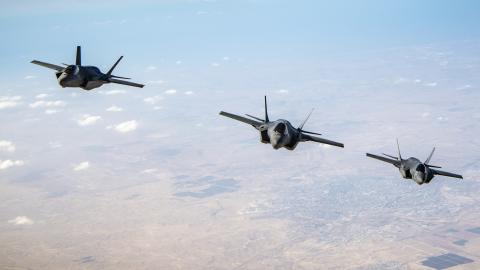 US Air Force F-35A Lightning IIs and Israeli Air Force F-35I Adirs fly in formation during exercise Enduring Lightning III over Israel on October 12, 2020. (US Air Force)