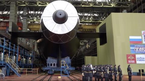 The Russian military unveils the submarine Khabarovsk at Sevmash JSC Shipyard in Severodvinsk, Russia, on November 1, 2025. (Getty Images)