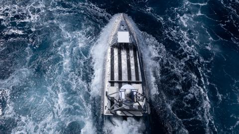 A US Navy Global Autonomous Reconnaissance Craft maneuvers in the Atlantic Ocean on September 23, 2025. (US Navy)