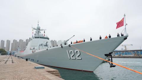 Guided-missile destroyer Tangshan sets sail at a port in Qingdao, China, on October 11, 2025. (Getty Images)