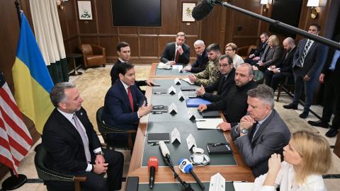Secretary of State Marco Rubio speaks during a meeting with Ukrainian officials headed by Secretary of the National Security and Defense Council of Ukraine Rustem Umerov in Hallandale Beach, Florida, on November 30, 2025. (Getty Images)