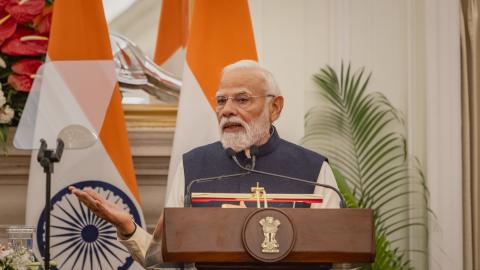 ndia's Prime Minister Narendra Modi speaks during a presentation at Hyderabad House on December 05, 2025, in New Delhi, India. (Getty Images) Share to Twitter