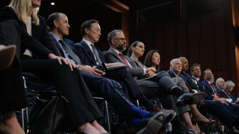 ech leaders sit as they testify before the Senate Committee on Commerce, Science, and Transportation on Capitol Hill on May 8, 2025, in Washington, DC. (Getty Images)