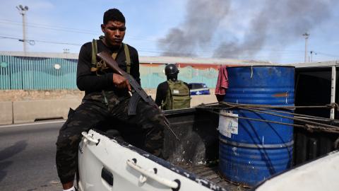 Members of Cuadrantes De La Paz patrol the surroundings of the Port of La Guaira after explosions and low-flying aircraft were heard on January 3, 2026, in La Guaira, Venezuela. (Getty Images)