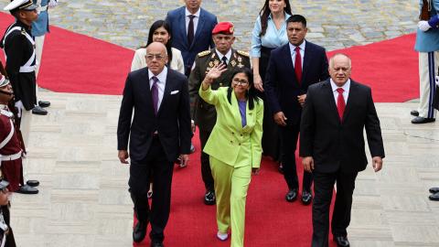 National Assembly President Jorge Rodríguez, Venezuela’s Interim President Delcy Rodríguez, and Minister of Interior Diosdado Cabello appear at Palacio Federal Legislativo on January 15, 2026, in Caracas, Venezuela. (Getty Images)