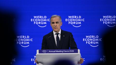 Canadian Prime Minister Mark Carney delivers a speech at the World Economic Forum Annual Meeting held in Davos, Switzerland on January 20, 2026. (Photo by Harun Ozalp/Anadolu via Getty Images)