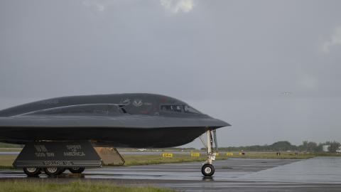 A US Air Force B-2 Spirit stealth bomber taxis on the flightline after a combat mission at Diego Garcia, British Indian Ocean Territory, on April 14, 2025. (US Air Force)