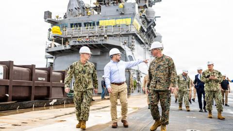 The 34th Chief of Naval Operations, Adm. Daryl L. Caudle and the 39th Commandant of the Marine Corps, Gen. Eric M. Smith, tour Ingalls Shipbuilding at Pascagoula, Mississippi, Jan. 1, 2026. Gen. Smith visited Ingalls Shipbuilding to meet with the industry leaders, as well as make media engagements with Secretary Phelan and Adm. Caudle. (U.S. Marine Corps photo by Lance Cpl. Juaquin Greaves)