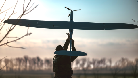  APRIL 14: Ukrainian serviceman of the Unmanned Systems Battalion of the 23rd Mechanized Brigade launches FlyEye reconnaissance drone on April 14, 2025 in Donetsk Oblast, Ukraine. Ukrainian operators of the Unmanned Systems Battalion of the 23rd Separate Mechanized Brigade use WB Electronics FlyEye, a Polish-made reconnaissance unmanned aerial vehicle developed to NATO standards. The FlyEye in the Unmanned Systems Battalion performs reconnaissance tasks, detects Russian firing positions, and transmits data 