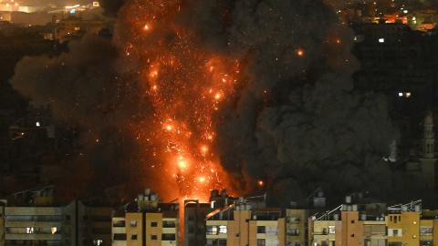 A fireball rises from the site of an Israeli airstrike that targeted an area in Beirut's southern suburbs overnight March 10 to 11, 2026. (Getty Images)
