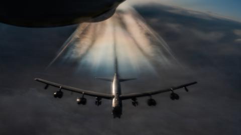 A U.S. Air Force KC-135 Stratotanker aircraft prepares to refuel a B-52H Stratofortress aircraft during Operation Epic Fury over the U.S. Central Command area of responsibility, March 20, 2026. (U.S. Air Force photo)
