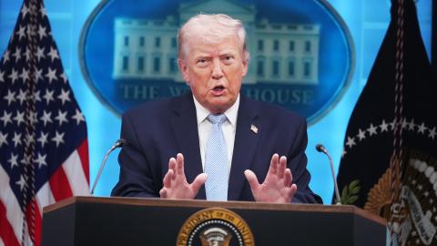 President Donald Trump conducts a news conference in the White House briefing room about the war in Iran on Monday, April 6, 2026. (Tom Williams/CQ-Roll Call, Inc via Getty Images)