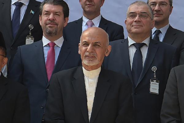 Afghan President Ashraf Ghani, Indonesian Vice President Jusuf Kalla, and head of the Afghan Peace Council Karim Khalili after the second Kabul Process conference, February 28, 2018 