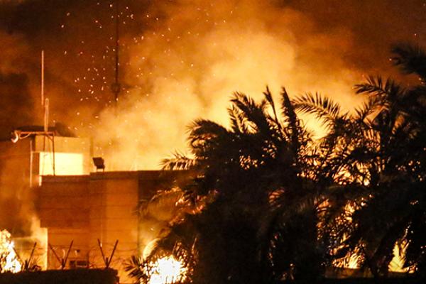 Iranian consulate in the Iraqi city of Basra burns after being torched by protesters, September 7, 2018 (HAIDAR MOHAMMED ALI/AFP/Getty Images)