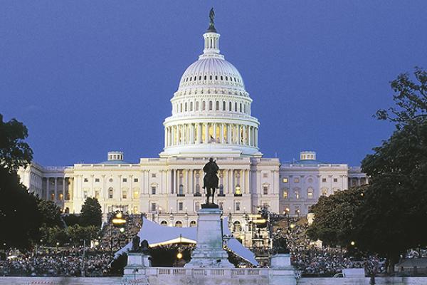 View of Capitol Building at sunset, seat of United States Congress, 1827, Washington DC, District of Columbia, United States of America, 19th century.
