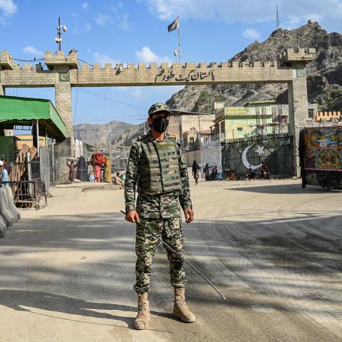 A Pakistani border security guard stands near the Torkham International Border Crossing between Afghanistan and Pakistan in Nangarhar Province on April 20, 2025. (Getty Images)