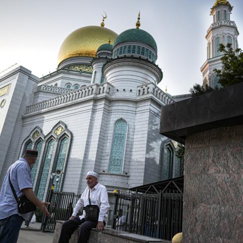  Muslims living and visiting the capital perform their prayers at the Moscow Central Mosque, on September 1, 2025, in Moscow. (Metin Aktas via Getty Images)