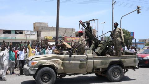 Sudanese army soldiers, loyal to army chief Abdel Fattah al-Burhan, in the Red Sea city of Port Sudan on April 16, 2023. (AFP via Getty Images)