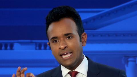 Republican presidential candidate Vivek Ramaswamy during the FOX Business Republican Primary Debate at the Ronald Reagan Presidential Library on September 27, 2023, in Simi Valley, California. (Justin Sullivan via Getty Images)