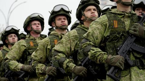 Servicemen march during the Victory Day military parade in Rostov-on-Don on May 9, 2023. (Stringer/AFP via Getty Images)