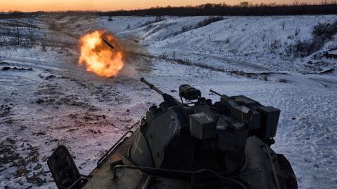 Soldiers at the training ground calibrate their weapons after going into combat against the positions of the Russian army on January 12, 2024 in Lyman district, Ukraine. Ukraine's 49th Infantry Battalion "Karpatska Sich" on The Kremina Frontline are holding back the Russians on the Lyman front. Ukraine's ammunition stocks dwindle as the Russian army saturates its anti-aircraft defence, a new strategy from Moscow at a time when Kyiv is worried about the erosion of Western military support. (Photo by Kostiant