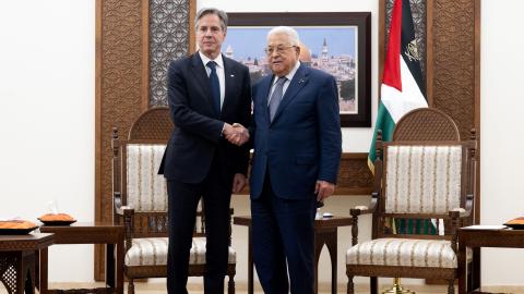 Palestinian Authority President Mahmud Abbas and US Secretary of State Antony Blinken shake hands prior to a meeting at the Muqata, the presidential compound in the West Bank city of Ramallah, on November 30, 2023. (Photo by Saul Loeb/Pool/AFP via Getty Images)