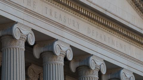 The front of the United States Treasury building on January 3, 2024, in Washington, DC. (J. David Ake via Getty Images)