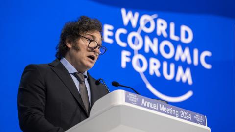 Argentina's President Javier Milei delivers a speech at the World Economic Forum meeting in Davos, Switzerland, on January 17, 2024. (Fabrice Coffrini/AFP via Getty Images)