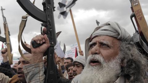 Thousands of Houthi supporters gather at Sebin Square to stage a solidarity demonstration with Palestinians and protest against the Israeli attacks on Gaza on February 9, 2024, in Sanaa, Yemen. (Mohammed Hamoud via Getty Images)