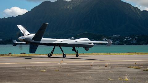 A US Marine Corps MQ-9A taxis the flight line on Marine Corps Air Station Kaneohe Bay, Hawaii, on June 20, 2023. (US Marine Corps photo)