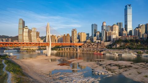 The water level of the Yangtze River and Jialing River in the Chongqing section falls in Chongqing, China, August 17, 2022. (Photo by Costfoto/NurPhoto via Getty Images)