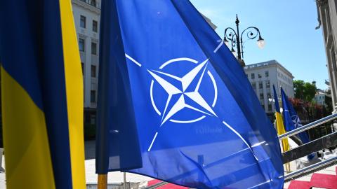 Flags of Ukraine and NATO are seen before a press conference of NATO Secretary General Jens Stoltenberg and President of Ukraine Volodymyr Zelensky following their negotiations in Kyiv, Ukraine 29 April 2024, amid Russia's invasion of Ukraine. NATO can create a special Fund for the financial support of Ukrainian defenses in the amount of EUR 100 billion. President of Ukraine Volodymyr Zelensky announced this during a joint briefing with NATO Secretary General Jens Stoltenberg in Kyiv, reports Ukrinform. NAT