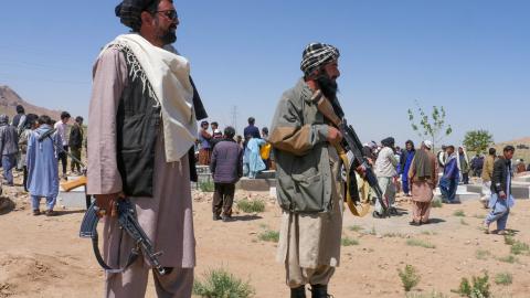 Taliban security personnel stand guard in the Guzara District, Afghanistan, on April 30, 2024. (Photo by Mohsen Karimi/AFP via Getty Images)