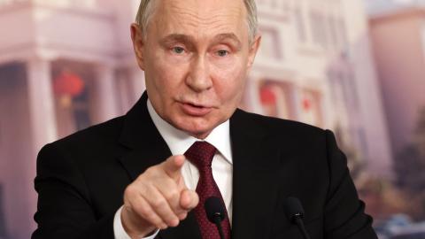 Vladimir Putin gestures during his press conference on May 17, 2024, in Harbin, China. (Photo by Contributor via Getty Images)