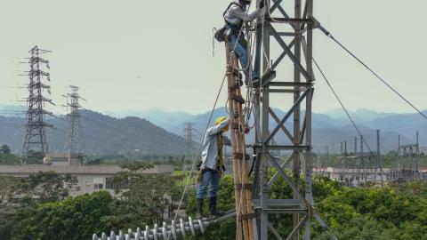 Taiwan Power Company workers during a training exercise in Yilan, Taiwan, on April 23, 2024. (Sam Yeh/AFP Getty Images)