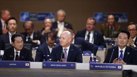 Japanese Prime Minister Fumio Kishida, Prime Minister of New Zealand Christopher Luxon and President of South Korea Yoon Suk Yeol attend a meeting of the heads of state of the North Atlantic Council, Indo-Pacifc Partners and the European Union, during the 2024 NATO Summit on July 11, 2024 in Washington, DC. NATO leaders convene in Washington this week for its annual summit to discuss future strategies and commitments and mark the 75th anniversary of the alliance’s founding (Photo by Kevin Dietsch/Getty Imag