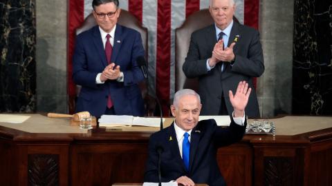 Israeli Prime Minister Benjamin Netanyahu addresses Congress on July 24, 2024. (Kent Nishimura via Getty Images)