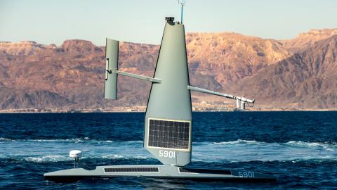 A Saildrone Explorer unmanned surface vessel sails in the Gulf of Aqaba during International Maritime Exercise/Cutlass Express 2022. (DVIDS)