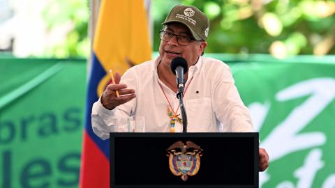 Colombia's President Gustavo Petro speaks during a meeting of illicit crops growers in the department of Nariño, Colombia, on May 13, 2023. (Joaquin Sarmiento/AFP via Getty Images)