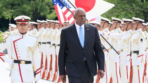 US Secretary of Defense Lloyd Austin prior to a Japan-US-South Korea defense ministers meeting in Tokyo, Japan, on July 28, 2024. (Yoshikazu Tsuno/Gamma-Rapho/Pool/Anadolu via Getty Images)